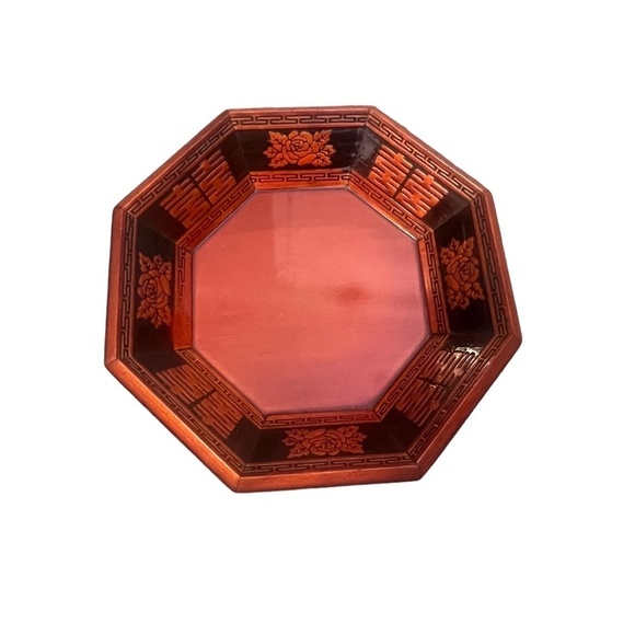 Set  Vintage‎ Asian Red Hand Carved Wooden Lacquerware Octagonal Decorative Tray - Picture 3 of 15